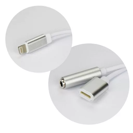 Lightning (apa) – Lightning (anya) / 3,5 mm jack (anya) 2-in-1 AUX adapter ezüst