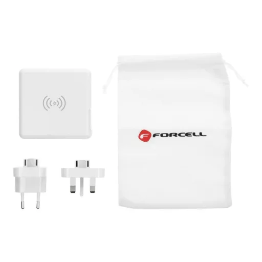 Forcell F-Energy multifunkciós töltő 4-in-1 2×USB-A + USB-C 15W + powerbank 8000mAh + vezeték nélküli töltés fehér