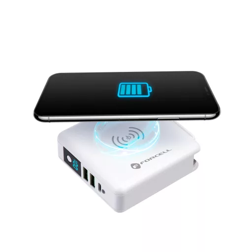 Forcell F-Energy multifunkciós töltő 4-in-1 2×USB-A + USB-C 15W + powerbank 8000mAh + vezeték nélküli töltés fehér