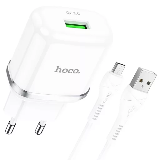 Hoco hálózati töltő USB-A QC3.0 3A 18W + USB-A – Micro USB kábel N3 fehér
