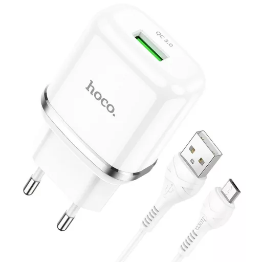Hoco hálózati töltő USB-A QC3.0 3A 18W + USB-A – Micro USB kábel N3 fehér