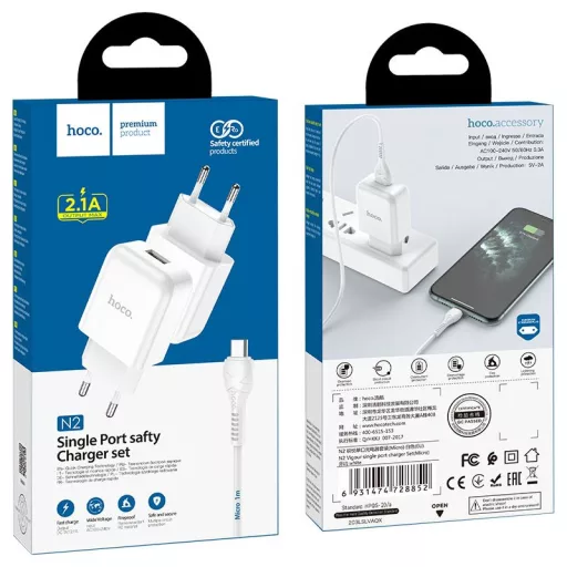 Hoco hálózati töltő USB-A QC3.0 3A 18W + USB-A – Micro USB kábel N3 fehér