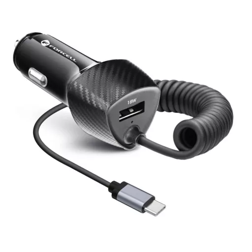 Forcell F-Energy autós töltő Carbon USB-A QC3.0 PD 3A 38W + USB-C kábel CC50-1AC fekete