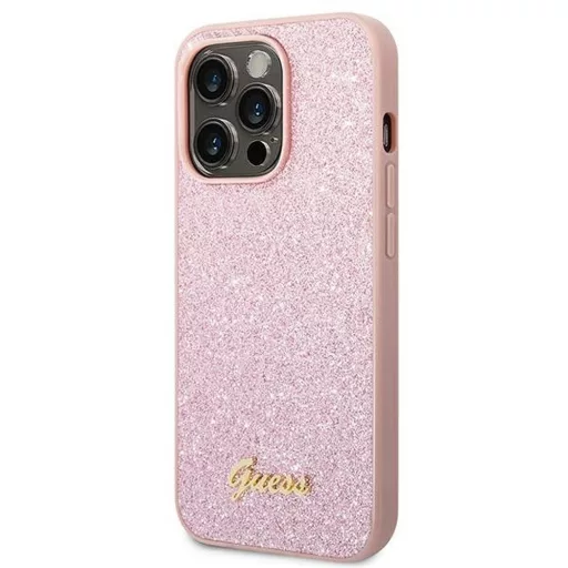 GUESS tok iPhone 14 Pro Max GUHCP14XHGGSHP (Glitter Flakes Script Metal Logo) rózsaszín