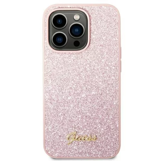 GUESS tok iPhone 14 Pro Max GUHCP14XHGGSHP (Glitter Flakes Script Metal Logo) rózsaszín