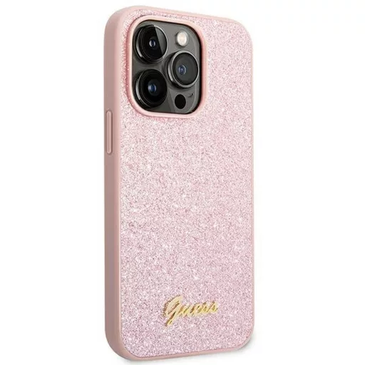 GUESS tok iPhone 14 Pro Max GUHCP14XHGGSHP (Glitter Flakes Script Metal Logo) rózsaszín