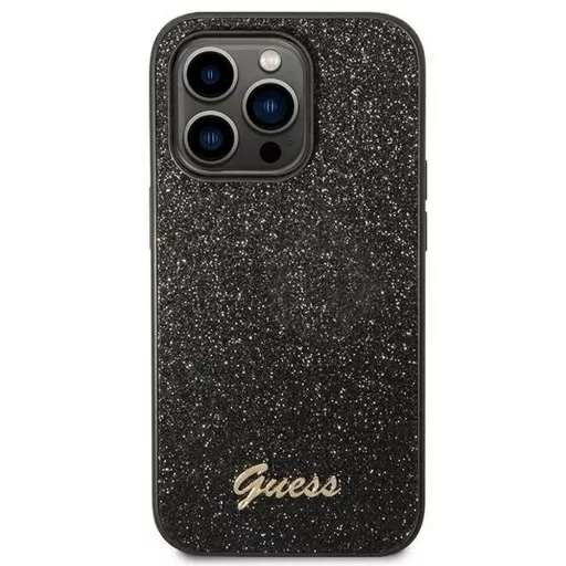 GUESS tok iPhone 14 Pro GUHCP14LHGGSHK (Glitter Flakes Script Metal Logo) fekete