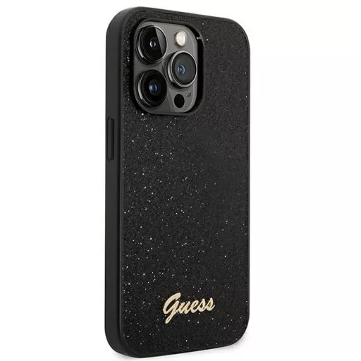 GUESS tok iPhone 14 Pro GUHCP14LHGGSHK (Glitter Flakes Script Metal Logo) fekete