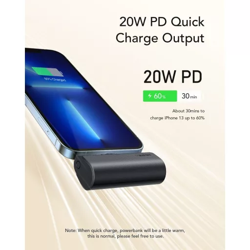 Veger powerbank PlugOn (W0556P) PD QC3.0 3A 20W 5000 mAh beépített Lightning csatlakozóval fekete