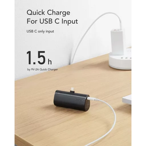 Veger powerbank PlugOn (W0556P) PD QC3.0 3A 20W 5000 mAh beépített Lightning csatlakozóval fekete