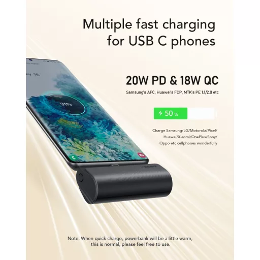 Veger powerbank PlugOn (W0556/V0556) PD QC3.0 3A 20W 5000 mAh beépített USB-C csatlakozóval fekete