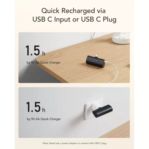 Veger powerbank PlugOn (W0556/V0556) PD QC3.0 3A 20W 5000 mAh beépített USB-C csatlakozóval fekete