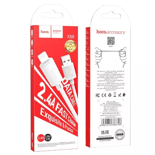 Hoco X88 USB-A – Lightning kábel 1 m 2,4A fehér