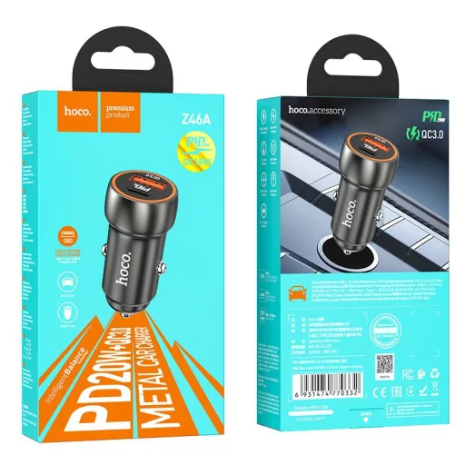 Hoco autós töltő USB-A + USB-C PD QC3.0 3A 20W Z46A fém szürke
