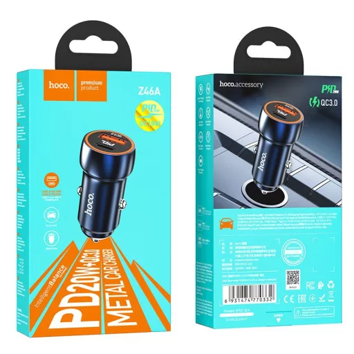 Hoco autós töltő USB-A + USB-C PD QC3.0 3A 20W Z46A zafírkék