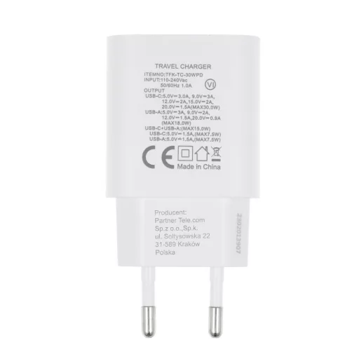 Forcell F-Energy hálózati töltő USB-C + USB-A QC4.0 PD 3A 30W TFK-TC-30WPD fehér
