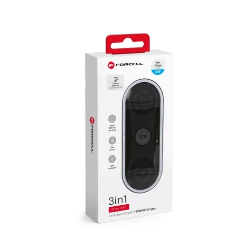 Forcell F-Energy Ellipse 3 az 1-ben vezeték nélküli töltő Qi QC 15W USB-C – USB-A kábellel fekete