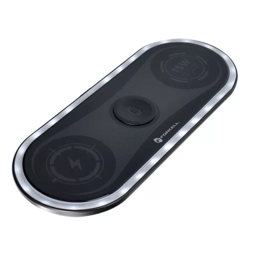 Forcell F-Energy Ellipse 3 az 1-ben vezeték nélküli töltő Qi QC 15W USB-C – USB-A kábellel fekete