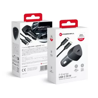   Forcell F-Energy autós töltő Carbon USB-C QC3.0 PD 3A 20W + USB-C – Lightning kábel CC50-1C fekete