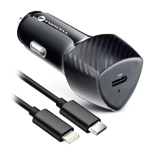 Forcell F-Energy autós töltő Carbon USB-C QC3.0 PD 3A 20W + USB-C – Lightning kábel CC50-1C fekete
