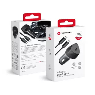   Forcell F-Energy autós töltő Carbon USB-C QC3.0 PD 3A 20W + USB-C – USB-C kábel CC50-1C fekete
