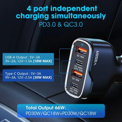 VEGER autós töltő 2×USB-A + 2×Type-C PD QC 3A 66W CC53-2A2C fekete