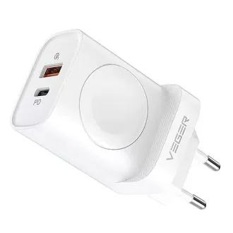   VEGER USB-A + USB-C hálózati töltő vezeték nélküli töltővel Apple Watch kompatibilis PD QC3.0 3A 25W W002E fehér
