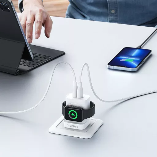 VEGER USB-A + USB-C hálózati töltő vezeték nélküli töltővel Apple Watch kompatibilis PD QC3.0 3A 25W W002E fehér