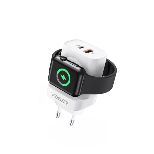 VEGER USB-A + USB-C hálózati töltő vezeték nélküli töltővel Apple Watch kompatibilis PD QC3.0 3A 25W W002E fehér