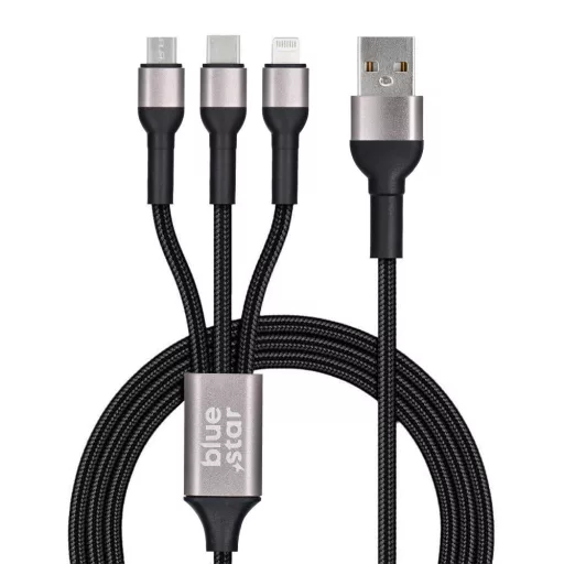 Blue Star 3 az 1-ben USB-A töltőkábel (Lightning / Micro USB / USB-C) 2,4A fonott TFK-DC-010 1,2 m fekete