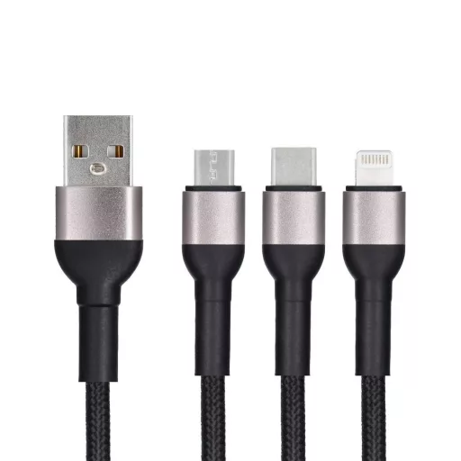 Blue Star 3 az 1-ben USB-A töltőkábel (Lightning / Micro USB / USB-C) 2,4A fonott TFK-DC-010 1,2 m fekete