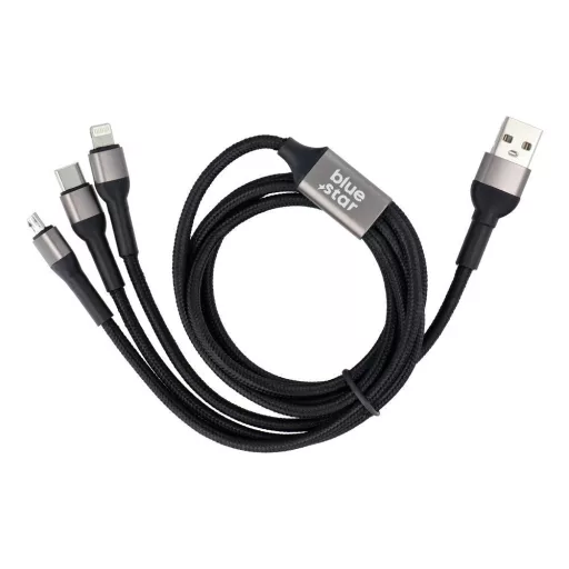 Blue Star 3 az 1-ben USB-A töltőkábel (Lightning / Micro USB / USB-C) 2,4A fonott TFK-DC-010 1,2 m fekete