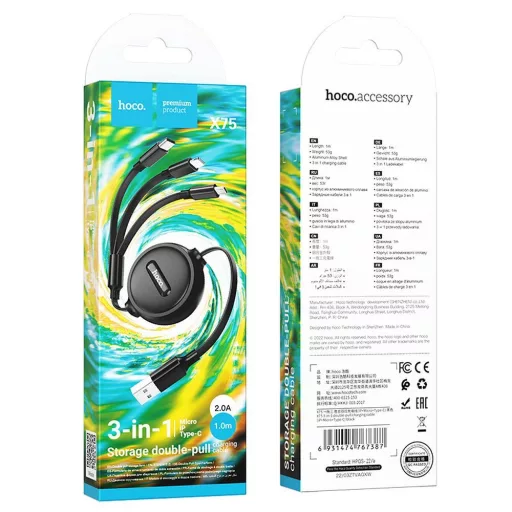 Hoco X75 3 az 1-ben USB-A töltőkábel (Lightning / Micro USB / USB-C) 2A 1 m fekete