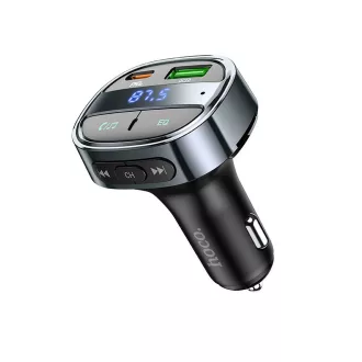   Hoco autós töltő USB-A + USB-C PD QC3.0 5A 30W digitális kijelzővel + FM BT transmitter E70 obszidián fekete