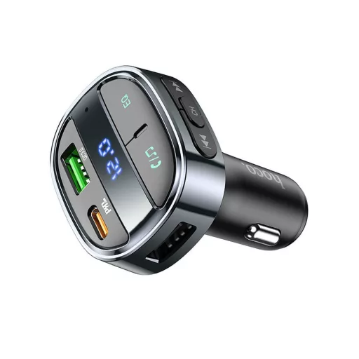 Hoco autós töltő USB-A + USB-C PD QC3.0 5A 30W digitális kijelzővel + FM BT transmitter E70 obszidián fekete