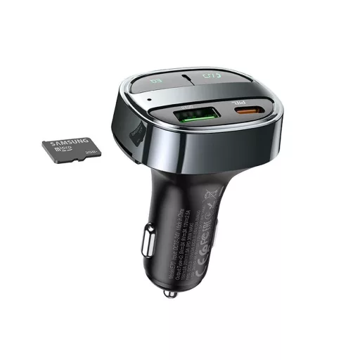 Hoco autós töltő USB-A + USB-C PD QC3.0 5A 30W digitális kijelzővel + FM BT transmitter E70 obszidián fekete