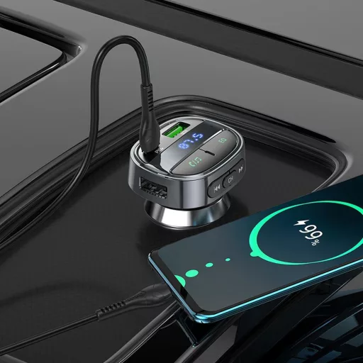 Hoco autós töltő USB-A + USB-C PD QC3.0 5A 30W digitális kijelzővel + FM BT transmitter E70 obszidián fekete