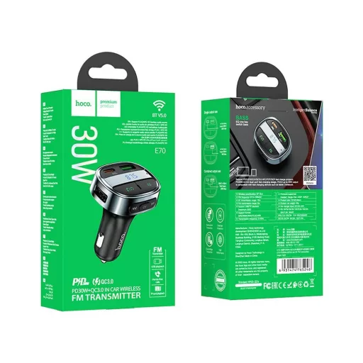 Hoco autós töltő USB-A + USB-C PD QC3.0 5A 30W digitális kijelzővel + FM BT transmitter E70 obszidián fekete