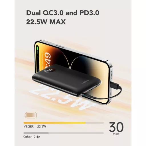 Veger powerbank C11 W1170 PD QC3.0 2A 22,5W 10000 mAh beépített USB-C / Lightning kábelekkel fekete