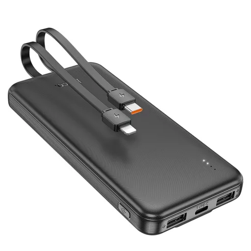 Hoco J118 powerbank 10000 mAh 2A beépített USB-C + Lightning kábelekkel fekete