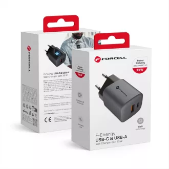   Forcell F-Energy hálózati töltő GaN USB-C + USB-A QC4.0 PD 3A 33W VT-31 szürke