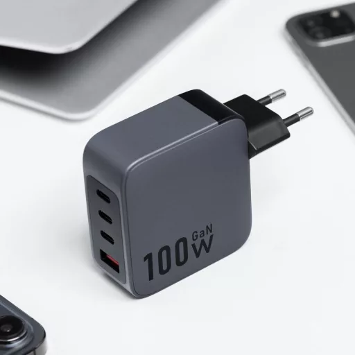 Forcell F-Energy hálózati töltő GaN 3×USB-C + USB-A QC4.0 PD 5A 100W VT-46 szürke