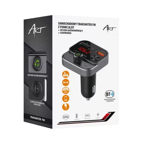 ART Bluetooth FM transmitter 5.0 + USB-A QC3.0 + USB-C (30W) FM-84B fekete