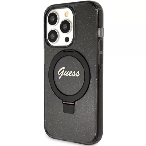 Guess Tok GUHMP15XHRSGSK iPhone 15 Pro Max (Magsafe kompatibilis / Glitter Script Logo / Ring stand / fekete)