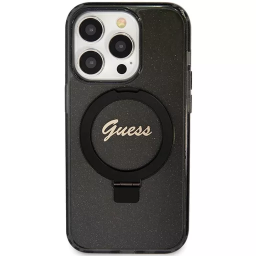 Guess Tok GUHMP15XHRSGSK iPhone 15 Pro Max (Magsafe kompatibilis / Glitter Script Logo / Ring stand / fekete)
