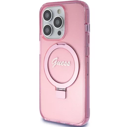 GUESS tok iPhone 15 Pro Magsafe kompatibilis GUHMP15LHRSGSP (Glitter Script Logo Ring stand) rózsaszín