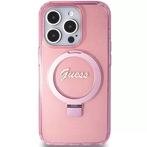 GUESS tok iPhone 15 Pro Magsafe kompatibilis GUHMP15LHRSGSP (Glitter Script Logo Ring stand) rózsaszín