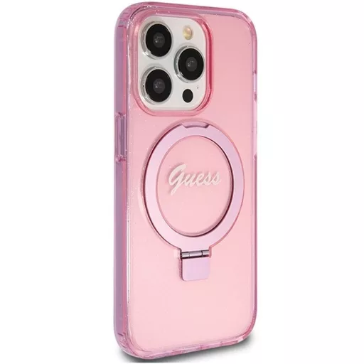 GUESS tok iPhone 15 Pro Magsafe kompatibilis GUHMP15LHRSGSP (Glitter Script Logo Ring stand) rózsaszín