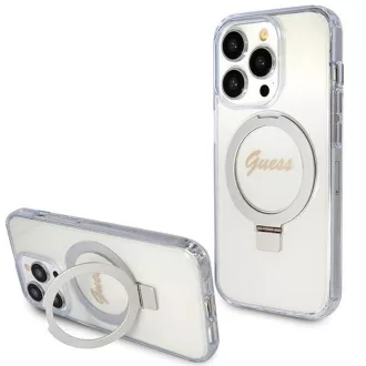   GUESS tok iPhone 15 Pro Magsafe kompatibilis GUHMP15LHRSGSD (Glitter Script Logo Ring stand) átlátszó