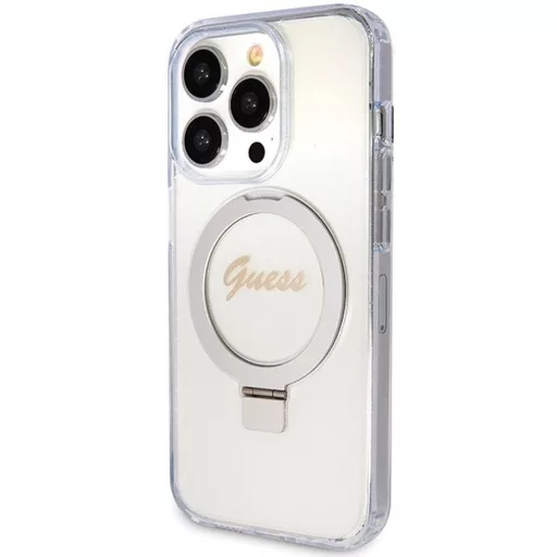 GUESS tok iPhone 15 Pro Magsafe kompatibilis GUHMP15LHRSGSD (Glitter Script Logo Ring stand) átlátszó